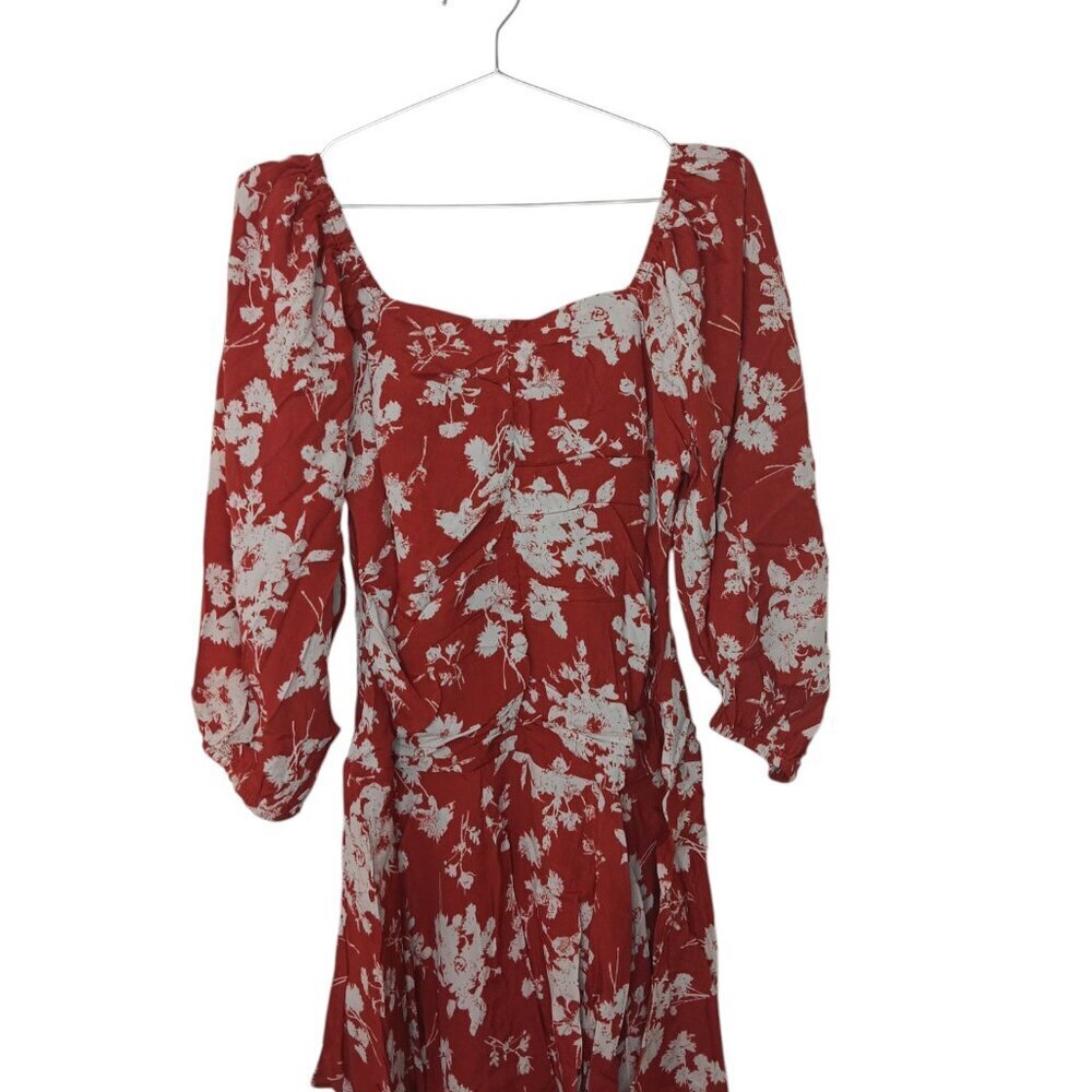 Easel Red Floral Dress Sweetheart Neckline Bubble Sleeve Ruched Bodice SZ L - Picture 9 of 13